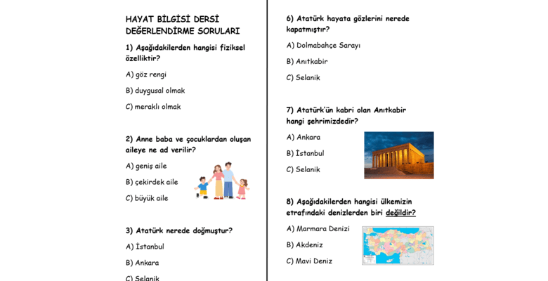 1. Sınıf Hayat Bilgisi Kazanım Değerlendirme Sınavı PDF | ilkokulhocam.com